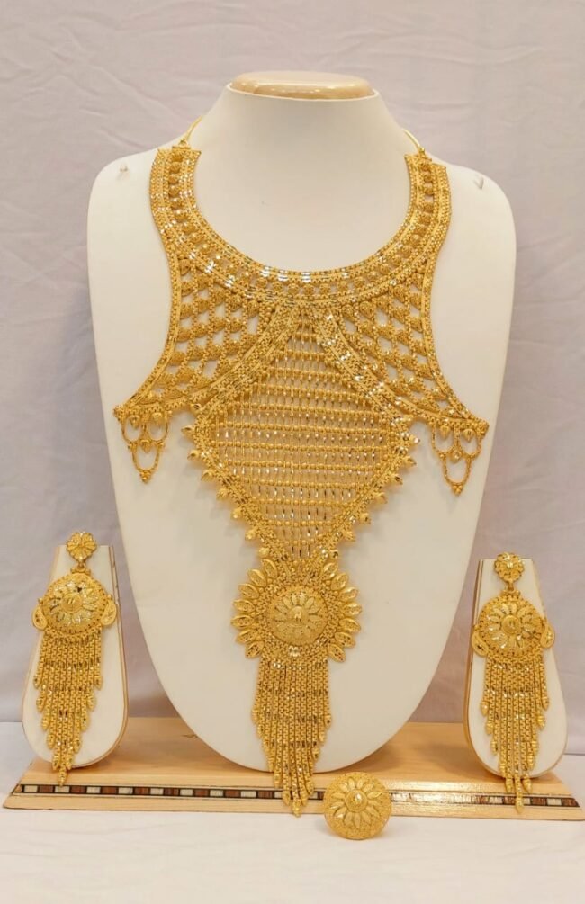 African New Designer Gold Plated Heavy Long Necklace with Earring Set For Women