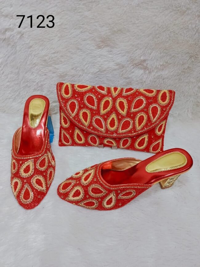 Dubai Red Beaded Party Wear Wedding Bag & Shoe Combo Set for Women