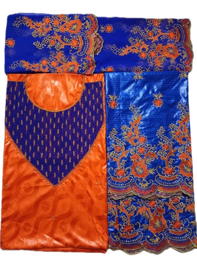 Orange & Royal Blue Color Bazin For African Women D.N- 2223