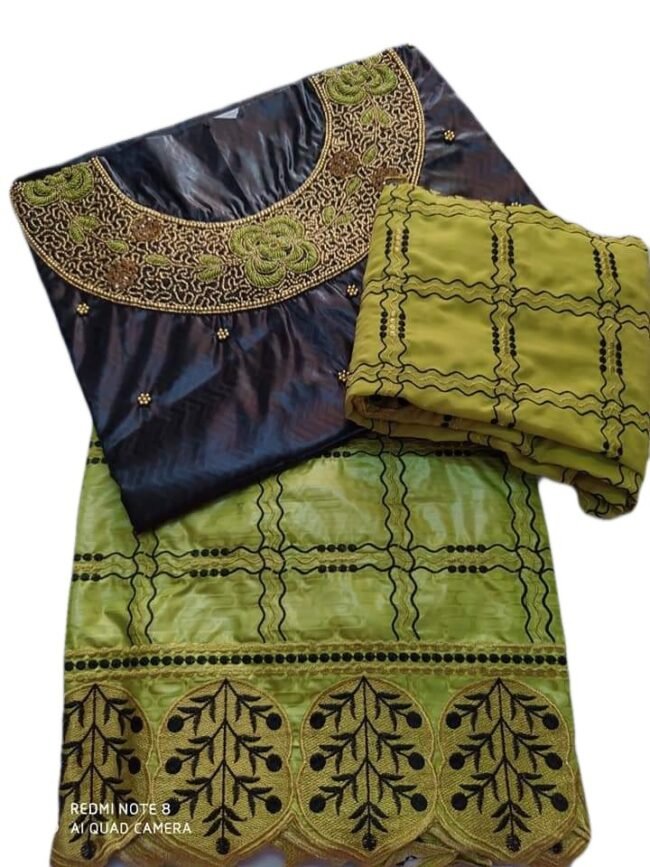 Black & Parrot Green Color Bazin For African Women D.N- 2234