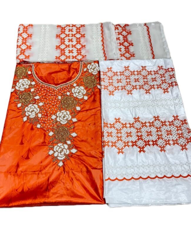 Orange & White Color Bazin For African Women D.N- 2262