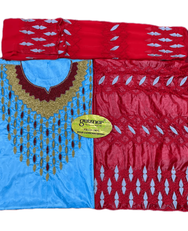 Turquoise Blue & Red Color Bazin For African Women D.N- 2269