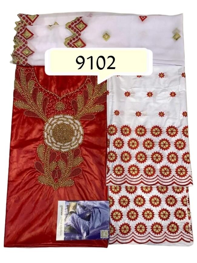 Red & White Color Bazin For African Women D.N- 9102