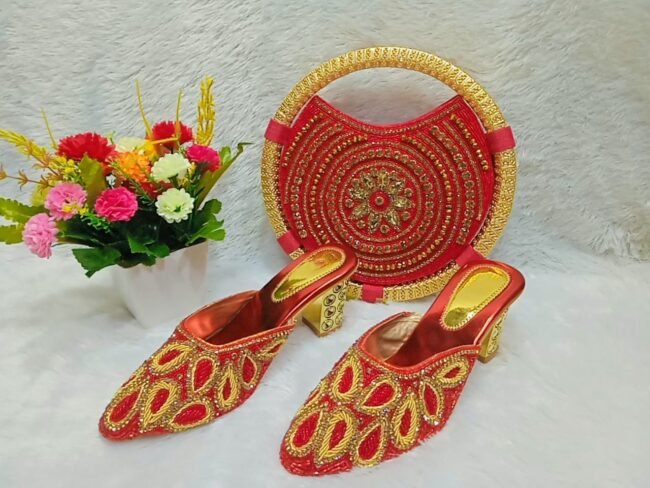 New Trendy Red & Gold Beaded Party Wear Wedding Bag & Shoe for Women