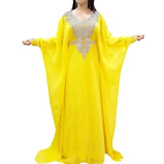New Yellow Islamic Modern Elegant Dubai Moroccan Caftan Arabic Party Wear Beach Kaftan Farasha Maxi Floor Length Dresses