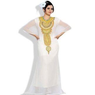 Evening Dress Party Wear White & Gold Work
