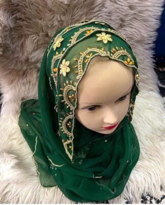 Beautiful African Designer Green Color & Gold Beaded Head Scarf for Women