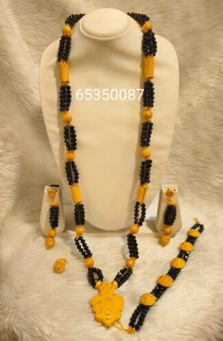 New African Designer 2% Gold Plated Black Beaded Long Necklace Set for Women