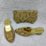 New Trendy Golden Beaded Party Wear Wedding Bag & Shoe for Women