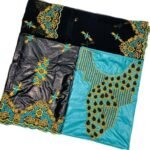 Turquoise Blue & Black Color Party Wear Dress Bazin For African Women