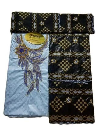 Sky Blue & Black Color Bazin For African Women D.N- 2227