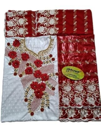 Sky Blue & Red Color Bazin For African Women D.N- 2229