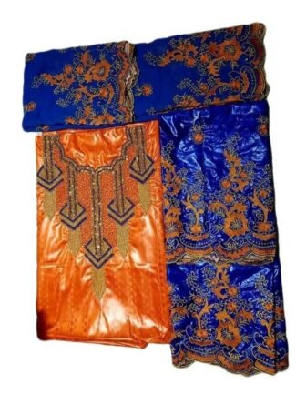 Orange & Royal Blue Color Bazin For African Women D.N- 2248