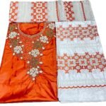 Orange & White Color Bazin For African Women D.N- 2262