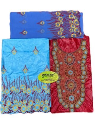 Red & Turquoise Blue Color Bazin For African Women D.N- 2265