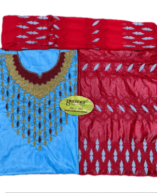 Turquoise Blue & Red Color Bazin For African Women D.N- 2269