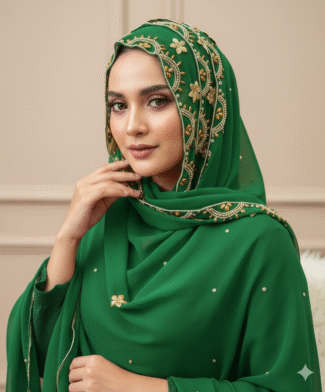 Beautiful African Designer Green Color & Gold Beaded Head Scarf for Women